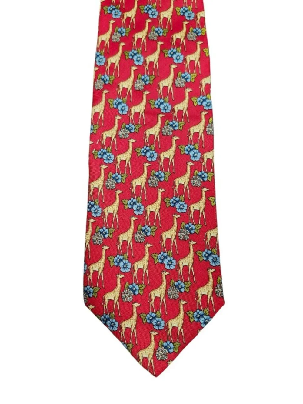 Vintage Burberrys of London 100% Silk Red Giraffe Floral Animal Print Tie